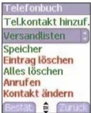 Telefonbuch Tel.kontakt hinzuf. Versandlisten Speicher Eintrag löschen Alles löschen Anrufen Kontakt ändern Bestät OK Zurück