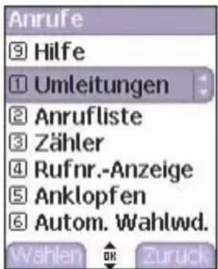 Anrufe ⑨ Hilfe ① Umleitungen ② Anrufliste ③ Zähler ④ Rufnr.-Anzeige ⑤ Anklopfen ⑥ Autom. Wahlwd. Wahlen OK Zurück