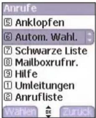 Anrufe 5 Anklopfen 6 Autom. Wahl. 7 Schwarze Liste 8 Mailboxrufnr. 9 Hilfe 1 Umleitungen 2 Anrufliste Wahlen OK Zuruck