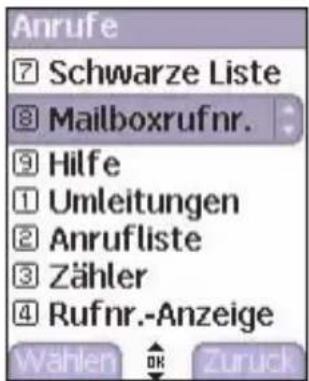 Anrufe ⑦ Schwarze Liste ⑧ Mailboxrufnr. ⑨ Hilfe ⑪ Umleitungen ⑫ Anrufliste ⑬ Zähler ⑭ Rufnr.-Anzeige Wählen OK Zurück