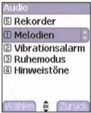 Audio Rekorder Melodien Vibrationsalarm Ruhemodus Hinweistöne Wählen OK Zuruck
