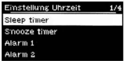 Einstellung Uhrzeit 1/4 Sleep timer Snooze timer Alarm 1 Alarm 2