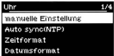 Uhr 1/4 manuelle Einstellung Auto sync(NTP) Zeitformat Datumsformat