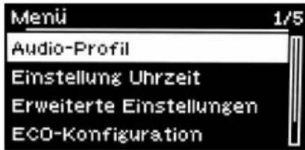 Menu 1/5 Audio-Profil Einstellung Uhrzeit Erweiterte Einstellungen ECO-Konfiguration