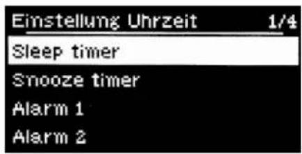 Einstellung Uhrzeit 1/4 Sleep timer Snooze timer Alarm 1 Alarm 2