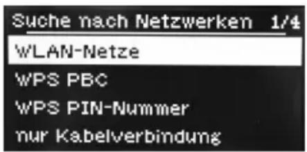 Suche nach Netzwerken 1/4 WLAN-Netze WPS PBC WPS PIN-Nummer nur Kabelverbindung