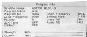Program Info Satellite Name ASTRA 1E.1F.1G Program Name ante Program No 0004 Down Frequency 10742 Local Frequency 9750 Symbol Rate 21695 Polarity H Video PID 0401 22K Tone OFF Audio PID 0402 DISBqC OFF Strength 86% ____ Quality 75% ____