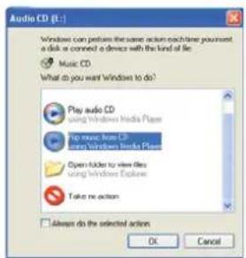 Audio CD (L:) Windows can press the same action each time you must a disk or connect a device with the kind of file. Music CD What do you want Windows to do? Play audio CD using Windows Media Player Top music from CD using Windows Media Player Open to file to view files using Windows Explorer Take me action Always do the selected action OK Cancel