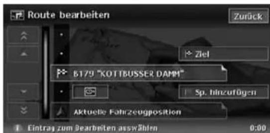 Route bearbeiten Zurück Ziel 6179 "KOTIBUSSER DAMM" Sp. hinzufügen Aktuelle Fahrzeugposition Eintrag zum Bearbeiten asswählen 0:00