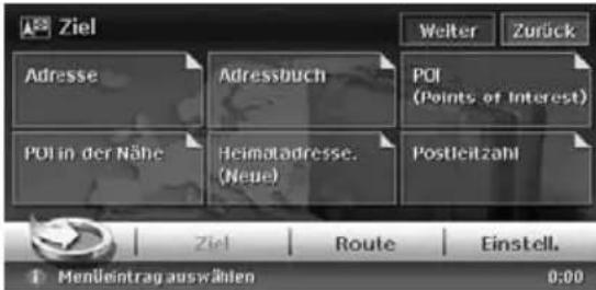 Ziel Adresse Adressbuch POI (Points of Interest) POI in der Nähe Heimatadresse. (Neue) Postleitzahl Welter Zurück Ziel Route Einstell. 1 Mendientrag auswählen 0:00