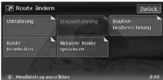 Route ändern Umfahrung Stauumfahrung Routen- neuberechnung Route bearbeiten Aktuelle Route speichern 1 Menbleintrag auswählen 0:00