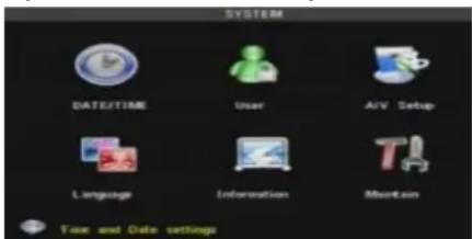 SYSTEM DATE/TIME User A/V Setup Language Information Mountain Time and Date settings