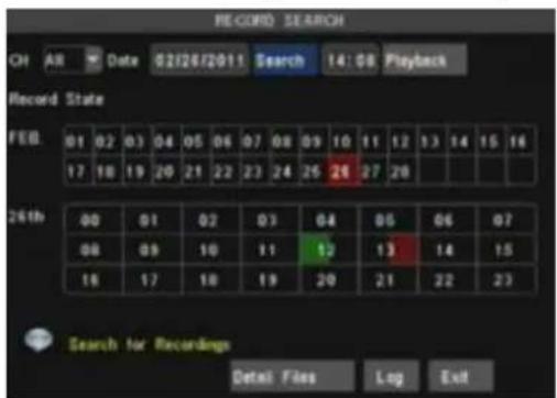 RECORD SEARCH CH AR Date 02/26/2011 Search 14:08 Playback Record State FEB. 01 02 03 04 05 06 07 08 09 10 11 12 13 14 15 16 17 18 19 20 21 22 23 24 25 26 27 28 24th 00 01 02 03 04 05 06 07 08 09 10 11 12 13 14 15 15 17 18 19 20 21 22 23 Search for Recordings Detail Files Log Exit