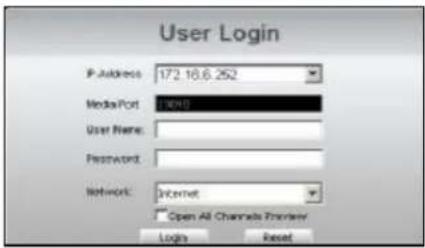 User Login IP Address: 172.16.6.252 Media Port: [MMS] User Name: Password: Network: Internet Open All Channels Frontier Login Reset