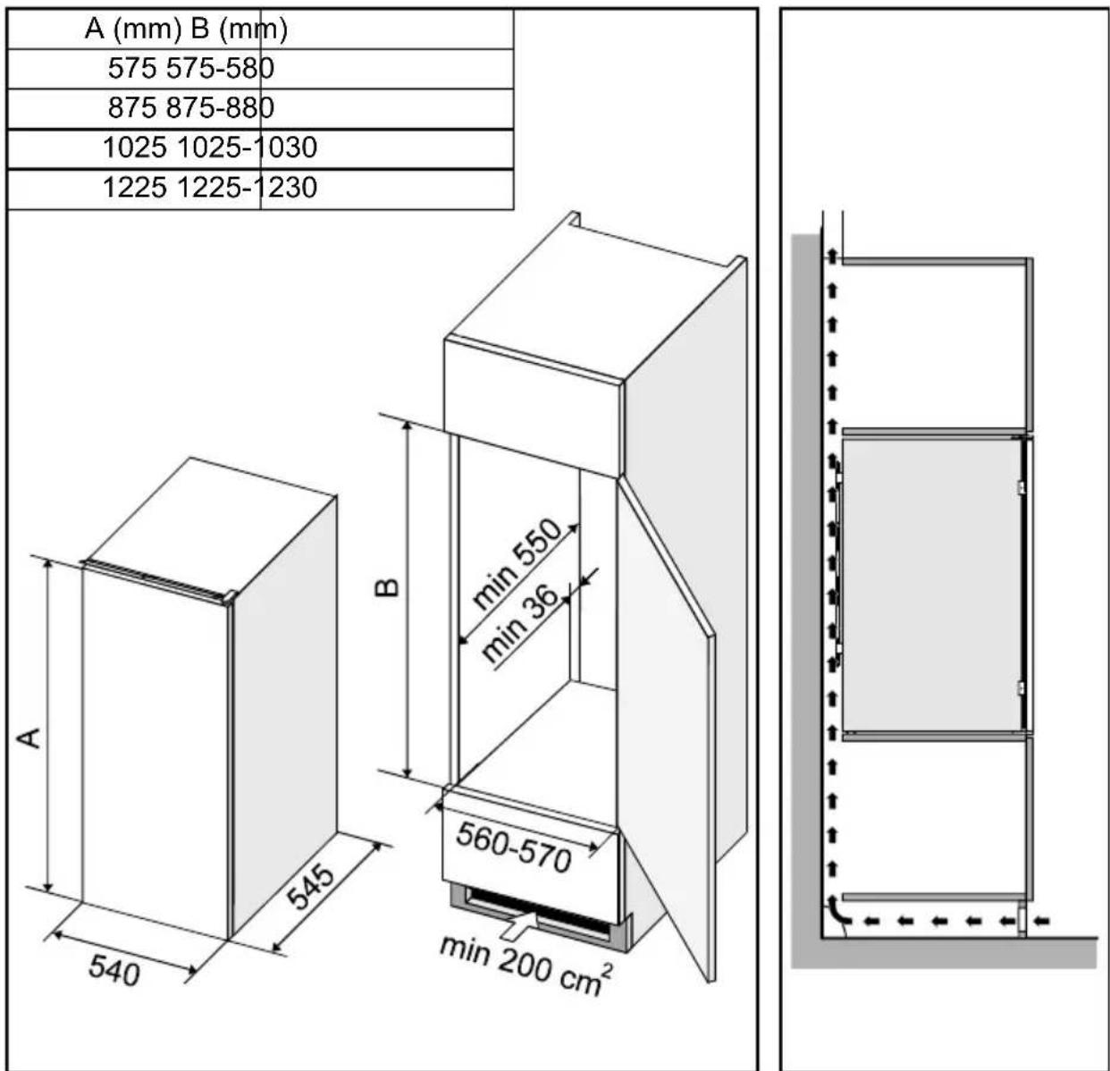 SMEG FL 164AP - Mounting Dimensions and Required Air Circulation - 1