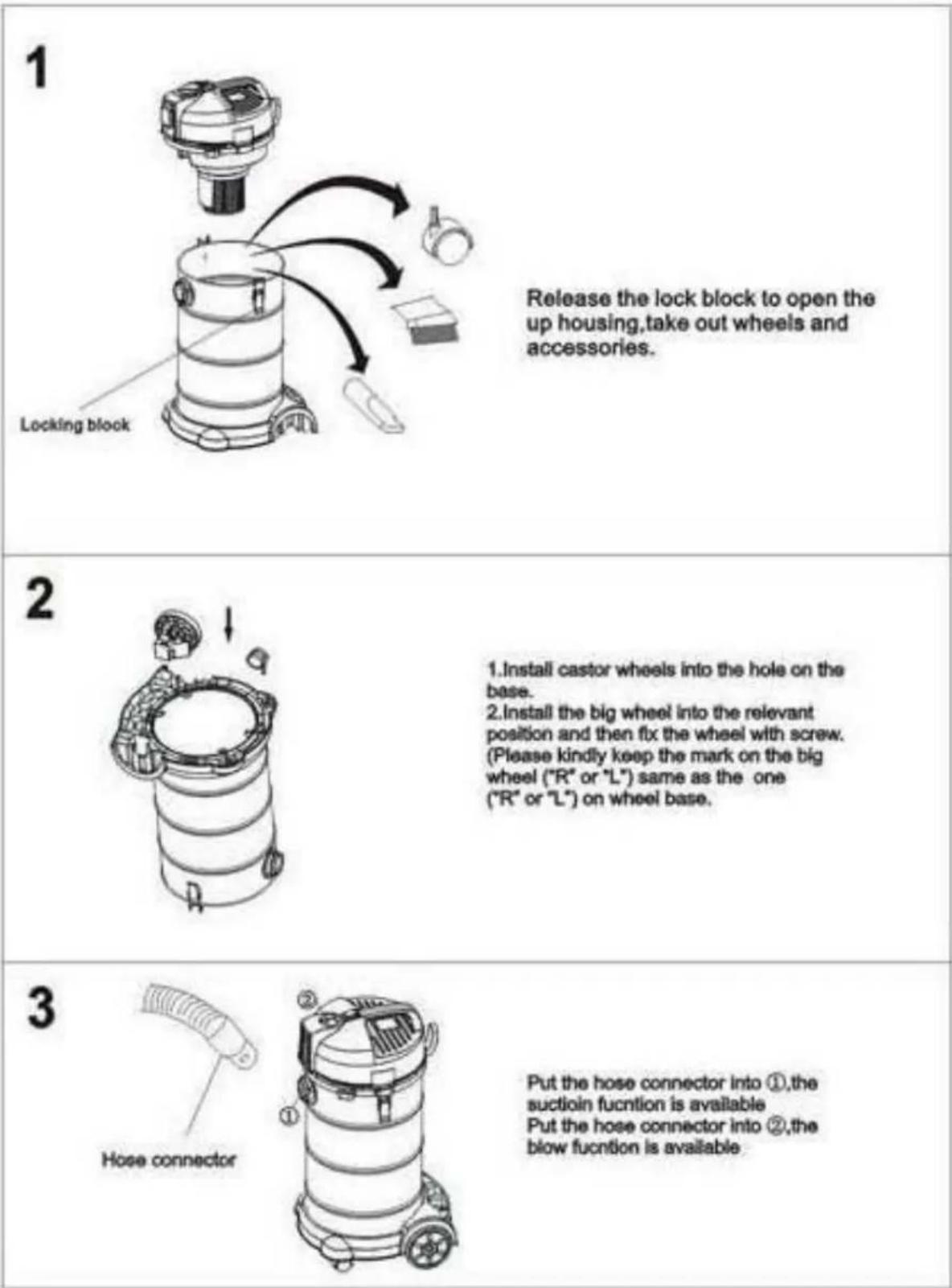 1 Locking block Release the lock block to open the up housing, take out wheels and accessories. 2 1. Install castor wheels into the hole on the base. 2. Install the big wheel into the relevant position and then fix the wheel with screw. (Please kindly keep the mark on the big wheel ("R" or "L") same as the one ("R" or "L") on wheel base. 3 Hose connector Put the hose connector into ①, the suction function is available Put the hose connector into ②, the blow function is available