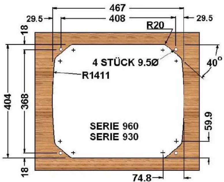 467 29.5 408 R20 29.5 18 404 368 4 STÜCK 9.5Ø R1411 40° SERIE 960 SERIE 930 59.9 18 74.8