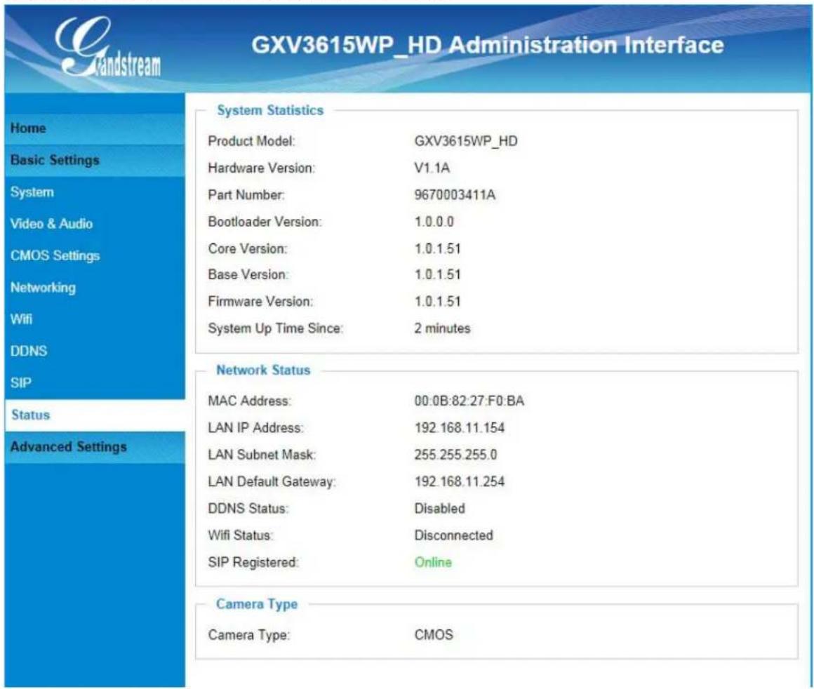 GXV3615WP_HD Administration Interface Gpxdstream System Statistics Product Model: GXV3615WP_HD Hardware Version: V1.1A Part Number: 9670003411A Bootloader Version: 1.0.0.0 Core Version: 1.0.1.51 Base Version: 1.0.1.51 Firmware Version: 1.0.1.51 System Up Time Since: 2 minutes Network Status MAC Address: 00:0B:82.27:F0:BA LAN IP Address: 192.168.11.154 LAN Subnet Mask: 255.255.255.0 LAN Default Gateway: 192.168.11.254 DDNS Status: Disabled Wifi Status: Disconnected SIP Registered: Online Camera Type Camera Type: CMOS