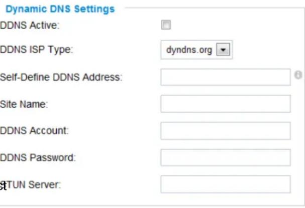 Dynamic DNS Settings DDNS Active: DDNS ISP Type: dyndns.org Self-Define DDNS Address: Site Name: DDNS Account: DDNS Password: RTUN Server:
