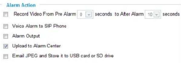 Alarm Action Record Video From Pre Alarm 0 seconds to After Alarm 10 seconds Voice Alarm to SIP Phone Alarm Output Upload to Alarm Center Email JPEG and Store it to USB card or SD drive