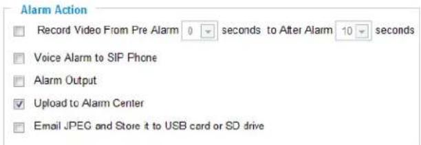 Alarm Action Record Video From Pre Alarm 0 seconds to After Alarm 10 seconds Voice Alarm to SIP Phone Alarm Output Upload to Alarm Center Email JPEG and Store it to USB card or SD drive