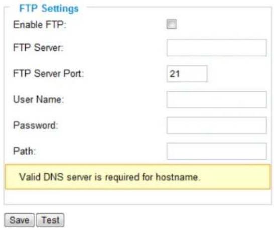 FTP Settings Enable FTP: FTP Server: FTP Server Port: 21 User Name: Password: Path: Valid DNS server is required for hostname. Save Test