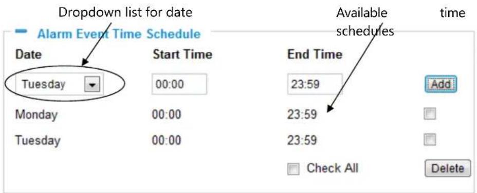 Dropdown list for date Alarm Event Time Schedule Date Tuesday Start Time 00:00 Monday 00:00 Tuesday 00:00 Available schedules End Time 23:59 Add 23:59 23:59 Check All Delete
