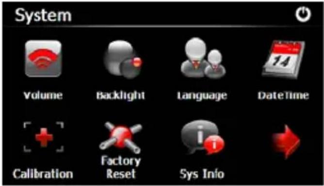 System Volume Backlight Language DateTime Calibration Factory Reset Sys Info