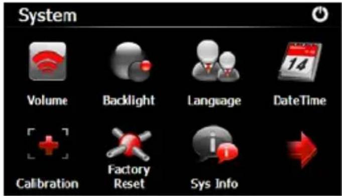 System Volume Backlight Language DateTime Calibration Factory Reset Sys Info
