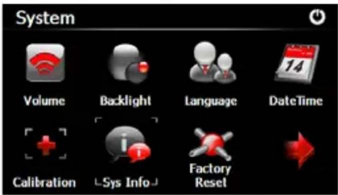 System Volume Backlight Language DateTime Calibration Sys Info Factory Reset