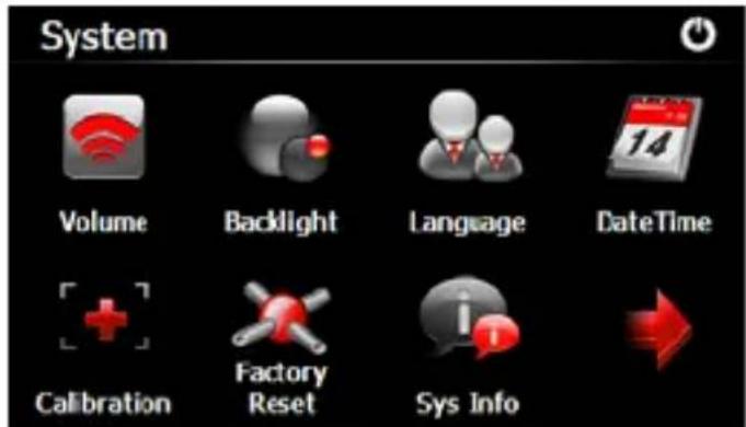 System Volume Backlight Language DateTime Calibration Factory Reset Sys Info