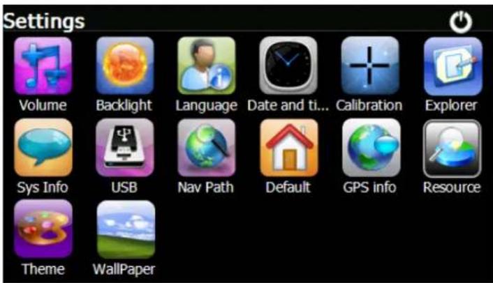 Settings Volume Backlight Language Date and ti... Calibration Explorer Sys Info USB Nav Path Default GPS info Resource Theme WallPaper