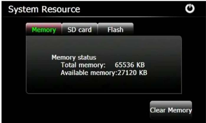 System Resource Memory SD card Flash Memory status Total memory: 65536 KB Available memory:27120 KB Clear Memory