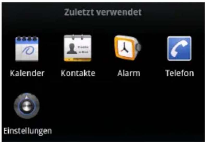 Zuletzt verwendet Kalender Kontakte Alarm Telefon Einstellungen