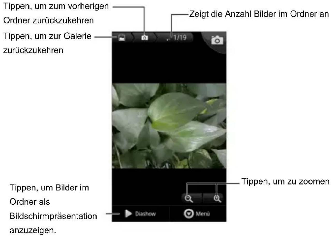 Tippen, um zum vorherigen Ordner zurückzukehren Zeigt die Anzahl Bilder im Ordner an Tippen, um zur Galerie zurückzukehren Tippen, um Bilder im Ordner als Bildschirmpräsentation anzuzeigen. Tippen, um zu zoomen Diashew Merü