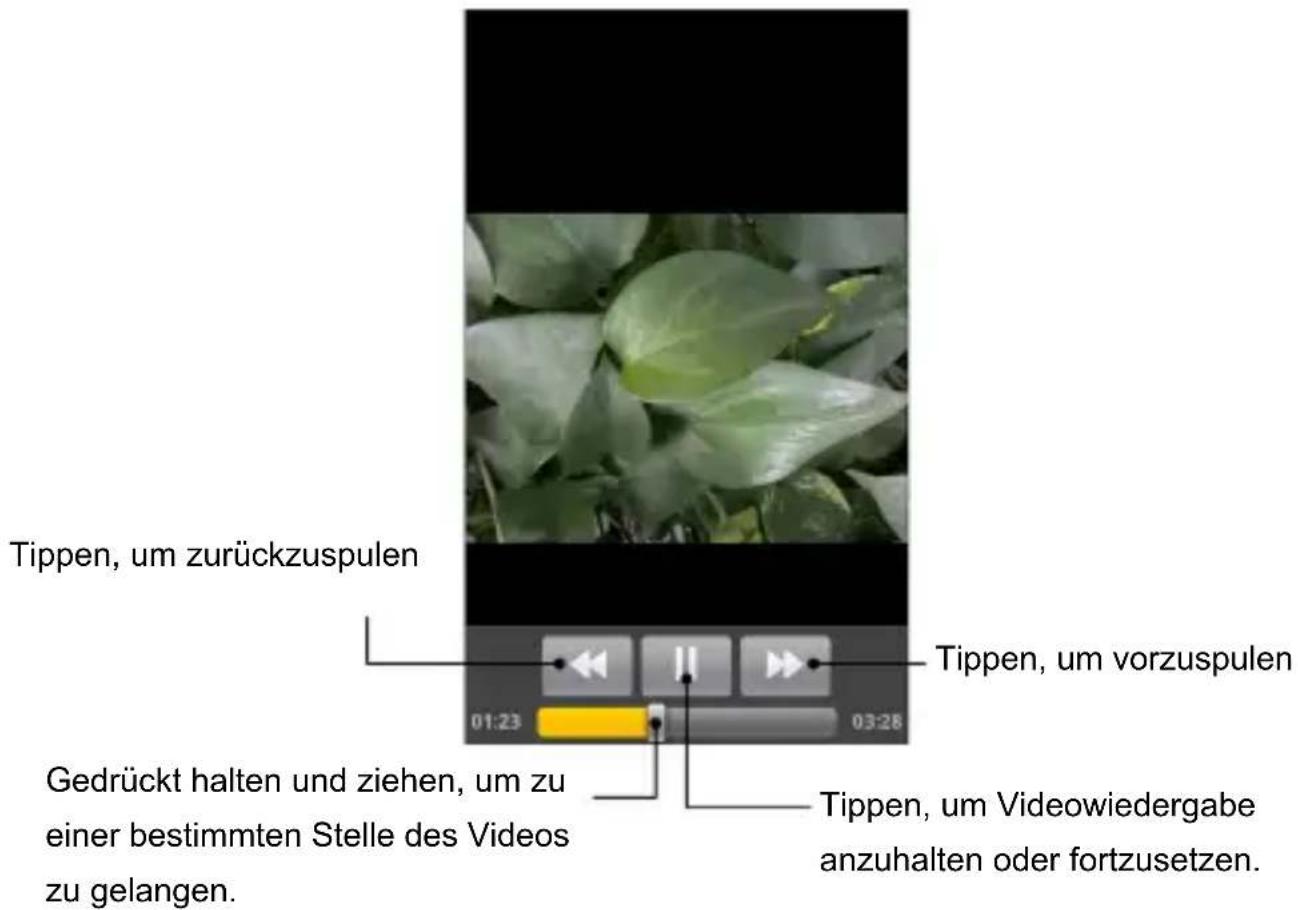 Tippen, um zurückzuspulen Tippen, um vorzuspulen 01:23 03:28 Gedrückt halten und ziehen, um zu einer bestimmten Stelle des Videos zu gelangen. Tippen, um Videowiedergabe anzuhalten oder fortzusetzen.