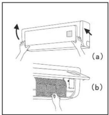 Diagram illustrating two steps of appliance cooling: (a) heating a wall-mounted air conditioner, and (b) cooling a vent with a mesh chamber.