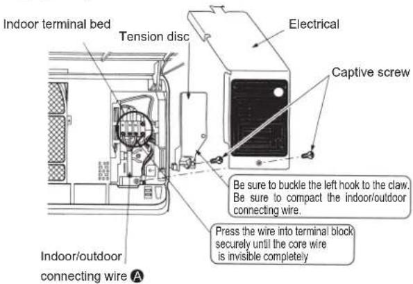 Indoor terminal bed Tension disc Electrical Captive screw Be sure to buckle the left hook to the claw. Be sure to compact the indoor/outdoor connecting wire. Press the wire into terminal block securely until the core wire is invisible completely Indoor/outdoor connecting wire A