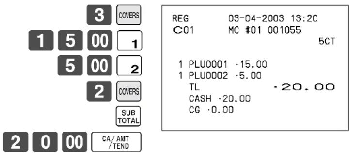 3 COVERS 1 5 00 1 5 00 2 2 COVERS SUB TOTAL 2 0 00 CA/AMT /TEND REG 03-04-2003 13:20 C01 MC #01 001055 5CT 1 PLU0001 ·15.00 1 PLU0002 ·5.00 TL ·20.00 CASH ·20.00 CG ·0.00