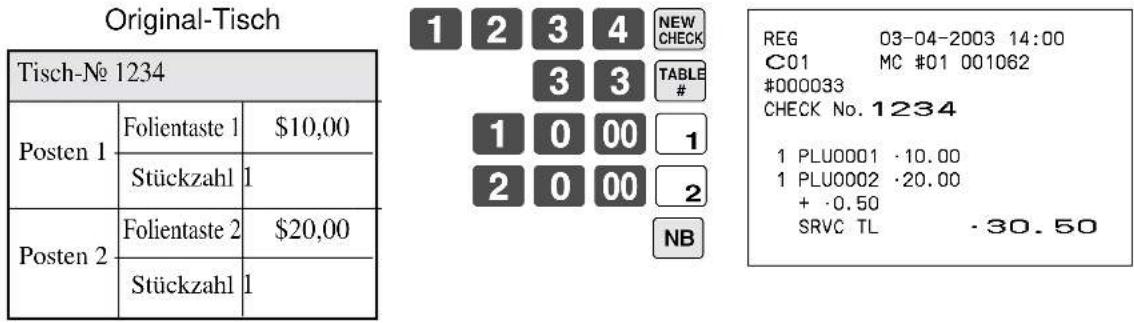 Original-Tisch Tisch-No 1234 Posten 1 Folientaste 1 $10,00 Stückzahl 1 Posten 2 Folientaste 2 $20,00 Stückzahl 1 1 2 3 4 NEW CHECK 3 3 TABLE # 1 0 00 1 2 0 00 2 NB REG 03-04-2003 14:00 C01 MC #01 001062 #000033 CHECK No. 1234 1 PLU0001 ·10.00 1 PLU0002 ·20.00 + ·0.50 SRVC TL ·30.50