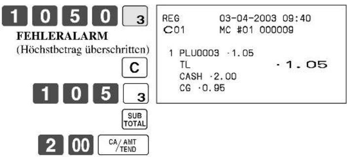 1 0 5 0 3 FEHLERALARM (Höchstbetrag überschritten) C 1 0 5 3 SUB TOTAL 2 00 CA/AMT /TEND REG 03-04-2003 09:40 C01 MC #01 000009 1 PLU0003 ·1.05 TL ·1.05 CASH ·2.00 CG ·0.95