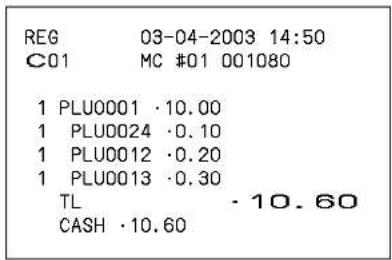 REG 03-04-2003 14:50 C01 MC #01 001080 1 PLU0001 · 10.00 1 PLU0024 · 0.10 1 PLU0012 · 0.20 1 PLU0013 · 0.30 TL · 10.60 CASH · 10.60