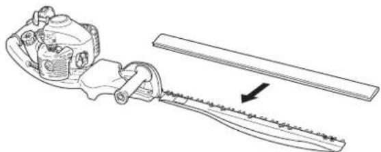 Technical line drawing of a saw cutting process with a blade and shisel (no text or symbols)