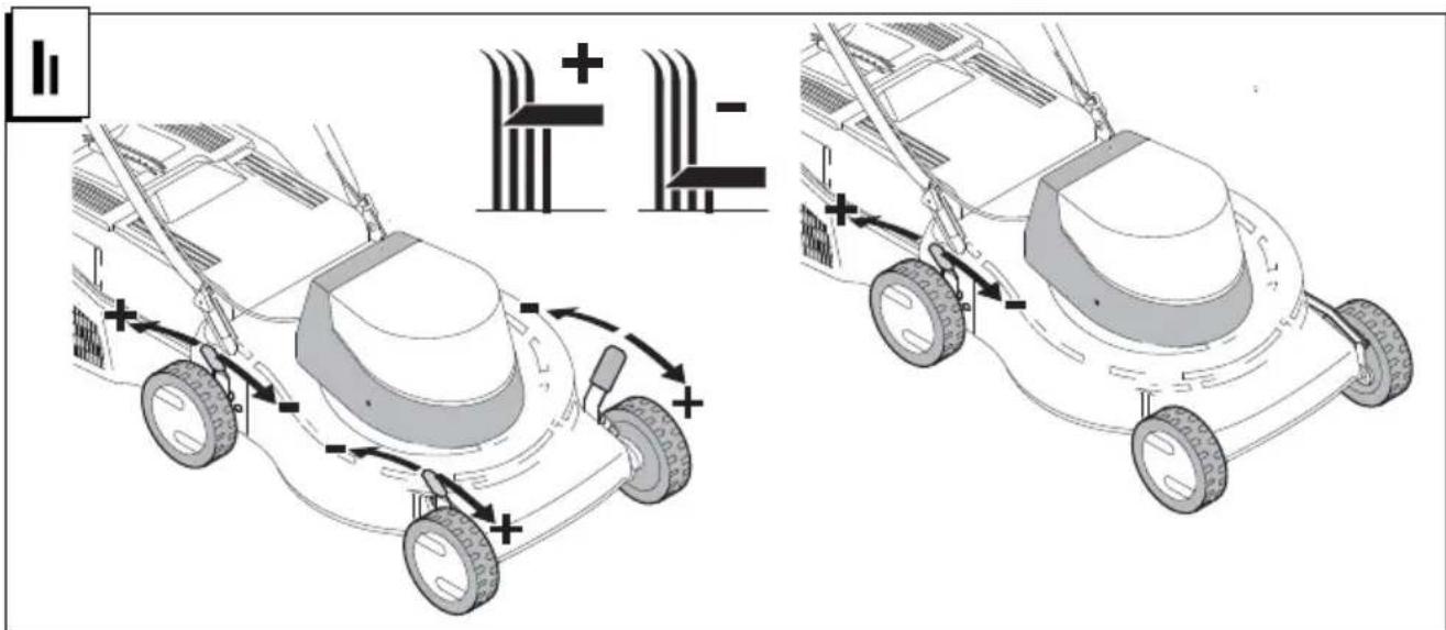 Technical diagram showing two views of a lawn mower with labeled components and directional arrows indicating motion or movement.