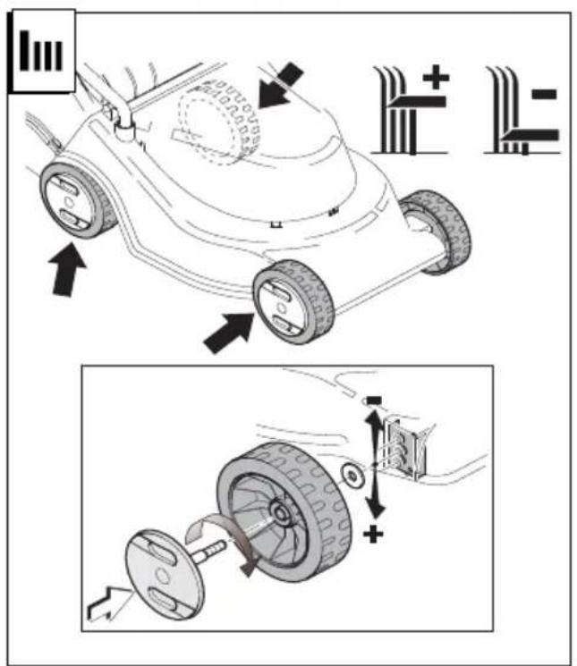 Technical diagram showing a lawn mower with labeled components and motion arrows, including a close-up of the wheel assembly.
