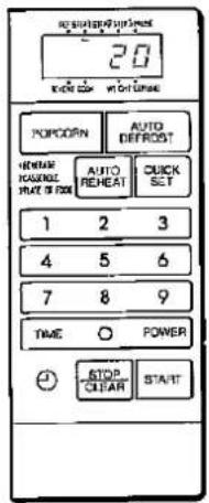no unit/second unit 20 KONCHI KON w/o Unit/second PORCORN AUTO DEFROST HENSIVE RASSING RUST OF FLOW AUTO REHEAT QUICK SET 1 2 3 4 5 6 7 8 9 TIME POWER STOP CLEAR START