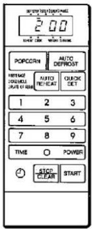 2.00 POWER CABB POWER CABBLE POPCORN AUTO DEFROST HENSAGE CONTROL SPRING ON HENS AUTO REPEAT QUICK SET 1 2 3 4 5 6 7 8 9 TIME ○ POWER STOP CLEAR START