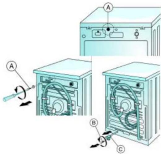 Diagram showing three views of a washing machine with labeled components and directional arrows indicating motion or operation.