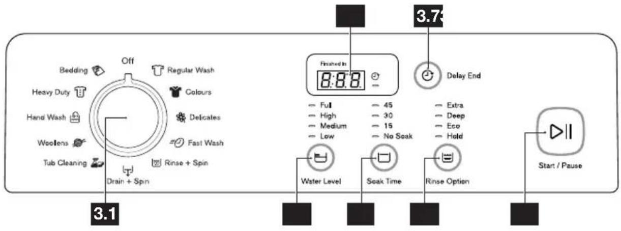 Bedding Heavy Duty Hand Wash Woolens Tub Cleaning Off Regular Wash Colours Delicates Fast Wash Rinse + Spin Drain + Spin 3.1 Finished In 8:8:8 Delay End Full High Medium Low Water Level Soak Time Extra Deep Eco Hold 3.75 Start / Pause