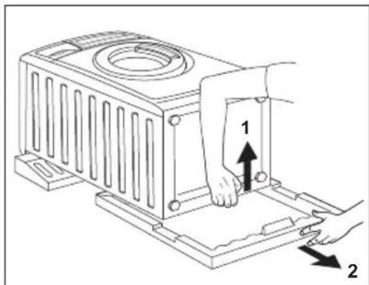 Technical diagram showing a hand pressing down on a mechanical component with labeled parts 1 and 2